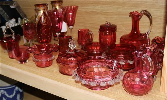 Pair of enamelled ruby glass vases, 19 other items of ruby glassware and a pair of yellow glass goblets